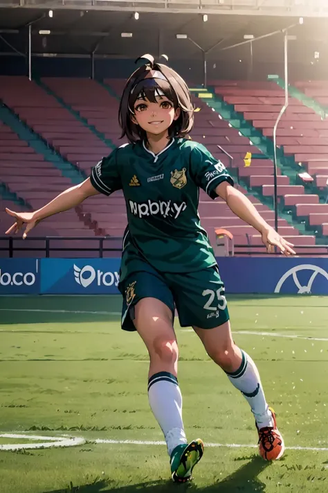 (extremely detailed CG unity 8k wallpaper), (best quality), (ultra-detailed), (best illustration), 1girl, detailed soccer stadium, outdoors, beautiful sunlight, soccer uniform, shorts, socks, soccer,  green field, smiling,  <lyco:deportivocali-10:0.75> <lora:kasugano sakuraV2:0.4>, kasugano sakura, brown eyes, brown hair, short hair, bangs, ahoge, headband, green shirt