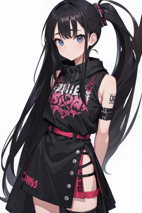 1girl, long_hair, looking_at_viewer, simple_background, punk, white_background, arms behind back, <lora:punk_v0.2:0.8> punk