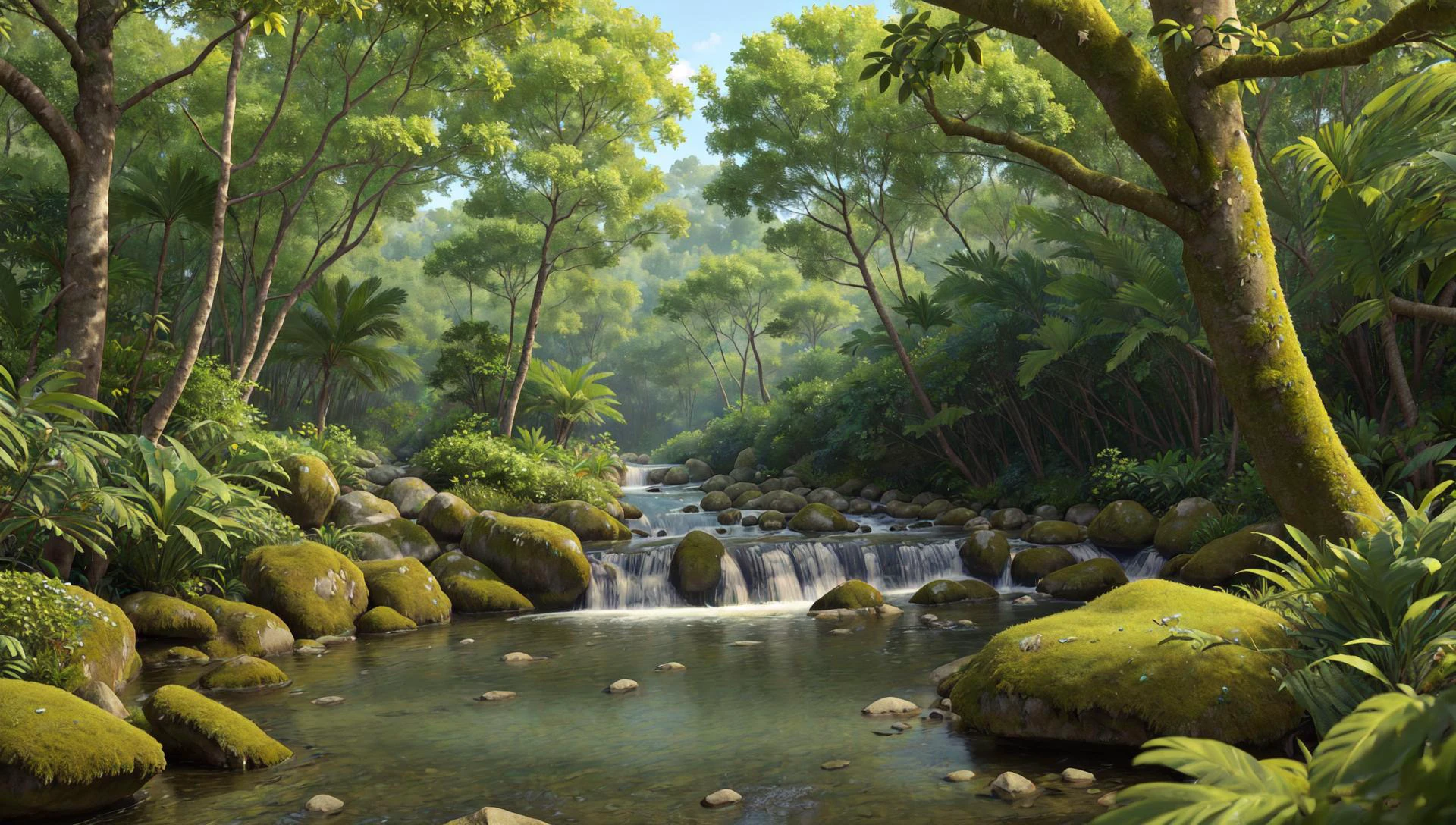((masterpiece:1.4,best quality)),
tropical jungle, high trees, creek, tree shade,
high detail, abundant, 8k, high detail, wallpaper,
