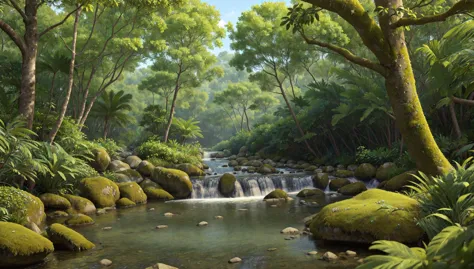 ((masterpiece:1.4,best quality)),
tropical jungle, high trees, creek, tree shade,
high detail, abundant, 8k, high detail, wallpa...