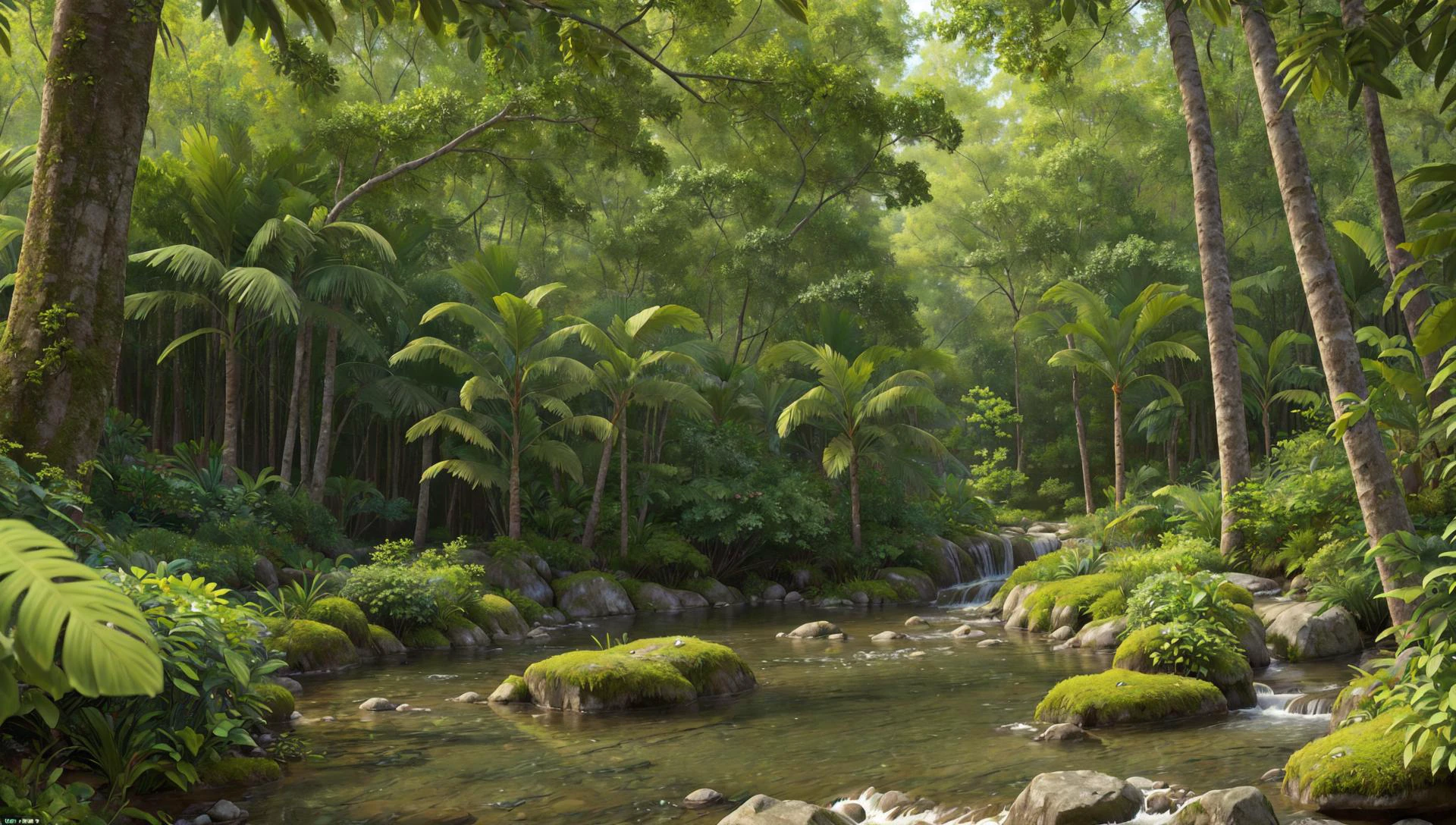 ((masterpiece:1.4,best quality)),
tropical jungle, high trees, creek, tree shade,
high detail, abundant, 8k, high detail, wallpaper,
