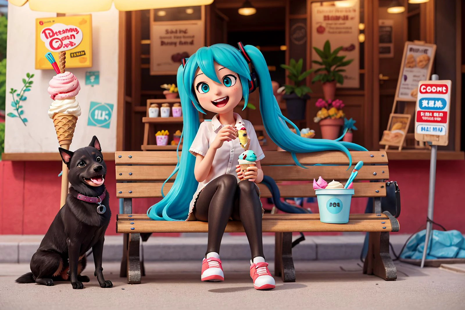absurdres, best quality, ultra detailed, in august, perfect skinny body, perfect body,
hatsune miku is sitting on a bench in front of the ice cream store with a black dog sign, she is happy with ice cream