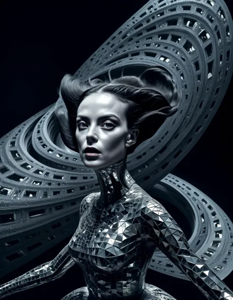 close up photo alien portrait Floating geometric shapes, warped dimensions, mind-bending illusions, haute couture defying laws o...