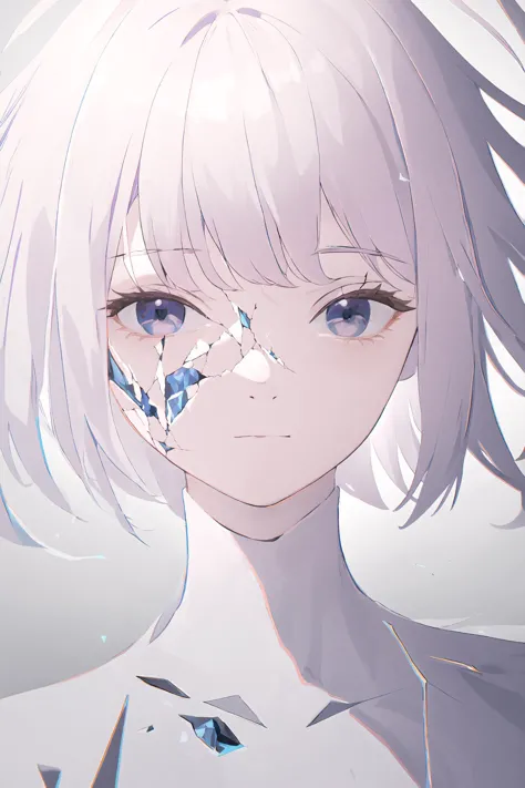 anime girl with white hair and blue eyes with a broken face