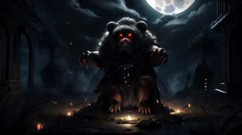 a bear with red eyes is sitting in the dark