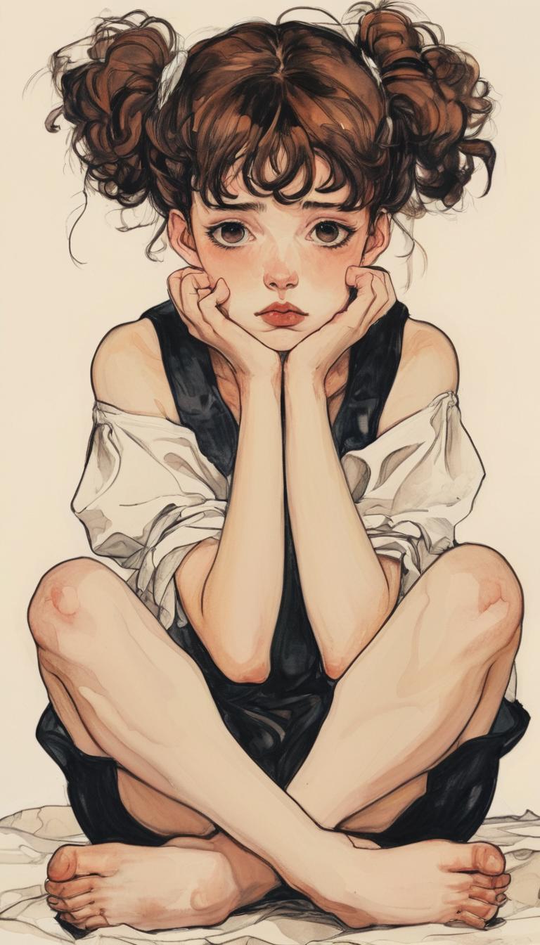 A drawing of a girl sitting on the ground with her hands on her face -  SeaArt AI