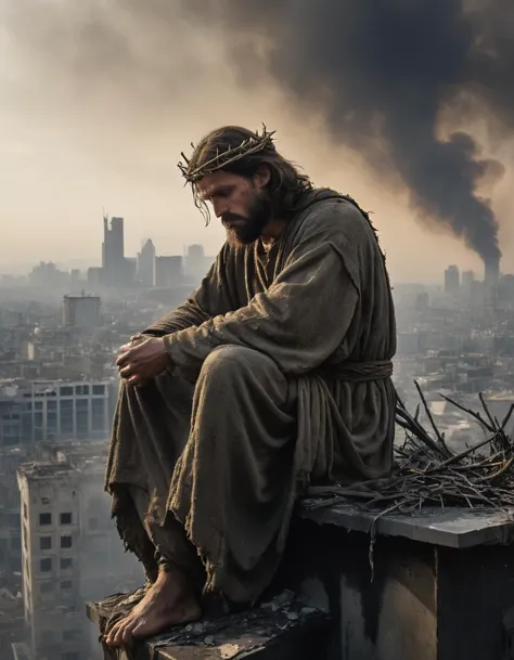 side shot, sad christ sitting on the roof of a skyscraper, crown of thorns, destroyed city below, smoke, fire in the distance, s...