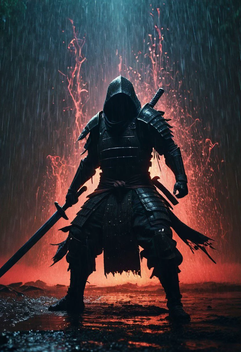 Une scène d&#39;action dynamique: une silhouette fantôme d&#39;un shinobi blindé féodal sous la pluie, brandissant l&#39;épée, énorme grande épée berserk, Sang et eau Liquides, debout fièrement au milieu d’un champ de bataille animé. Entourez-la de particules dynamiques de sang et de sang, devant l&#39;énergie chaotique d&#39;une scène de guerre historique.
Très détaillé, brume atmosphérique, grain de film, Film cinématographique, faible profondeur de champ, très détaillé, budget élevé, cinémascope, lunatique, épique, GlobalDétail, Magnifique, Photo RAW vintage des années 2000, photoréaliste, caméra cachée, cinématique étalonnée en couleurs, projecteurs pour les yeux, éclairage d&#39;ambiance, pores de la peau, imperfections, naturel, complexe peu profond, élégant, art fantastique, portrait, sombre, rétro, en extase, Plaine, puissant, réaliste, bleu marine, sombre color