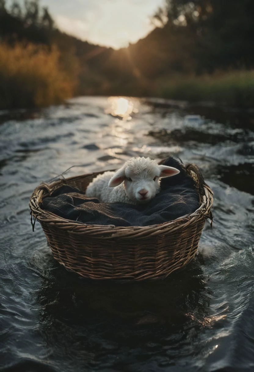 3d depth of field Simulation, A wicker basket floats down the river, an newborn fluffy lamb lies in the basket, depth of lenticular, bold lines async, deep blacks, illuminated from behind, holy Aura, Long dense grown river
