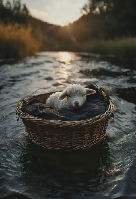 3d depth of field Simulation, A wicker basket floats down the river, an newborn fluffy lamb lies in the basket, depth of lenticu...