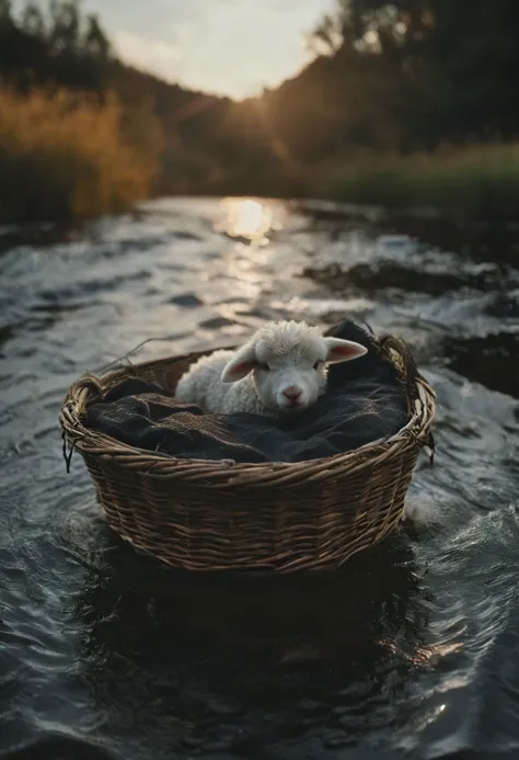 there is a small sheep that is laying in a basket in the water