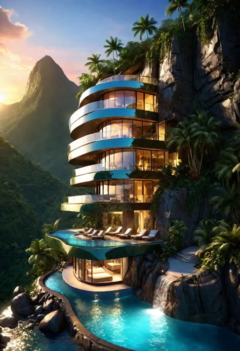 best-quality masterpice,high-resolution,64k,masterpice,dynamic angle,rocky-tropical-mountain atmosphere,sunset lighting,ultrarealistic,detalied riverside 2floor,environmentally friendly luxury,hyperdetailed-curved-glass pool-hotel building,concept art inspired by  Adrian Smith