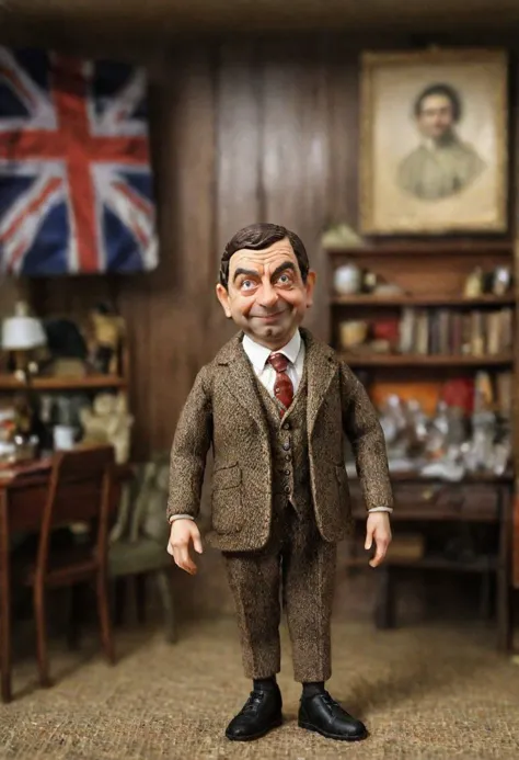 Figure Mr bean in britain room, high quality, detailed background, 8k,35mm , smile,Diorama