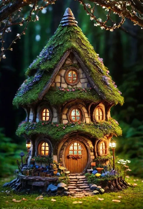 a small fairy house with moss growing on the roof