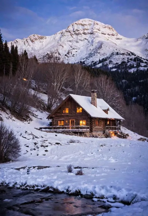 Photograph a cozy cabin nestled in a snowy mountain setting, evoking a sense of warmth and contrast to the cold surroundings.