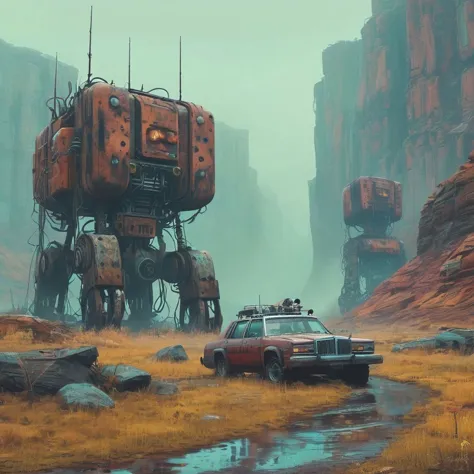 (canyons:1.5) where a group of derelict (biomechanical machines:1.3) (foggy:1.3) in the style of (Simon Stalenhag:1.2)