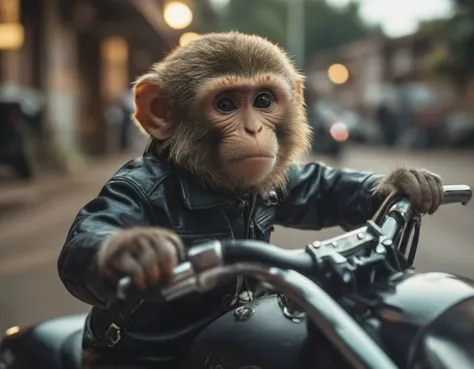 professional lighting Low Angle shot (photograph:1.2) young monkey wearing (30s clothing:1.2) detailed background depth of field...