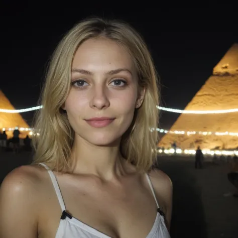 + / A thin dirty blonde haired woman on vacation enjoying the local party scene in Giza at night