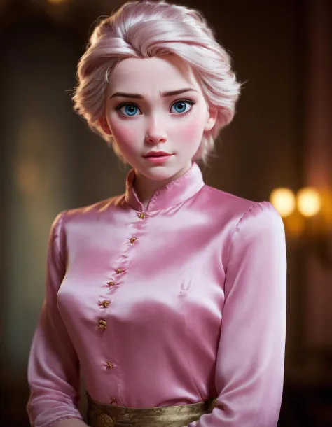 Neat Elsa from Frozen, wearing Cook Pencil skirt and silk blouse, Pink Dreadful hair, a look of severe determination, Ektachrome, Romantic, Realism, flat lighting, gilded technique, DOF, bokeh