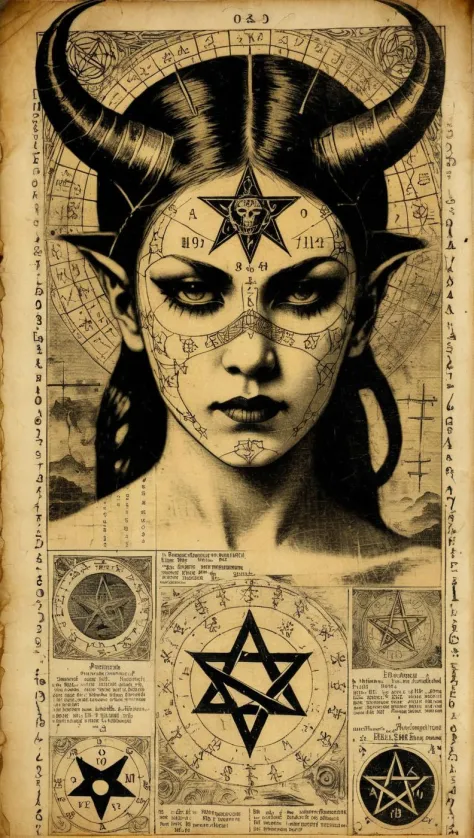 old parchment with engraving, woodcut, depicting a head demon girl, pentagrams, technical markings and medical description with charts, text with strange characters, mystical a photo from the 1920s sepia . Textured, distressed, vintage, edgy, punk vibe, di...