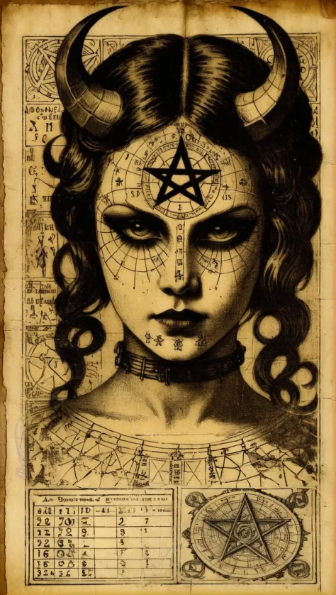 old parchment with engraving, woodcut, depicting a head demon girl, pentagrams, technical markings and medical description with charts, text with strange characters, mystical a photo from the 1920s sepia . Textured, distressed, vintage, edgy, punk vibe, di...