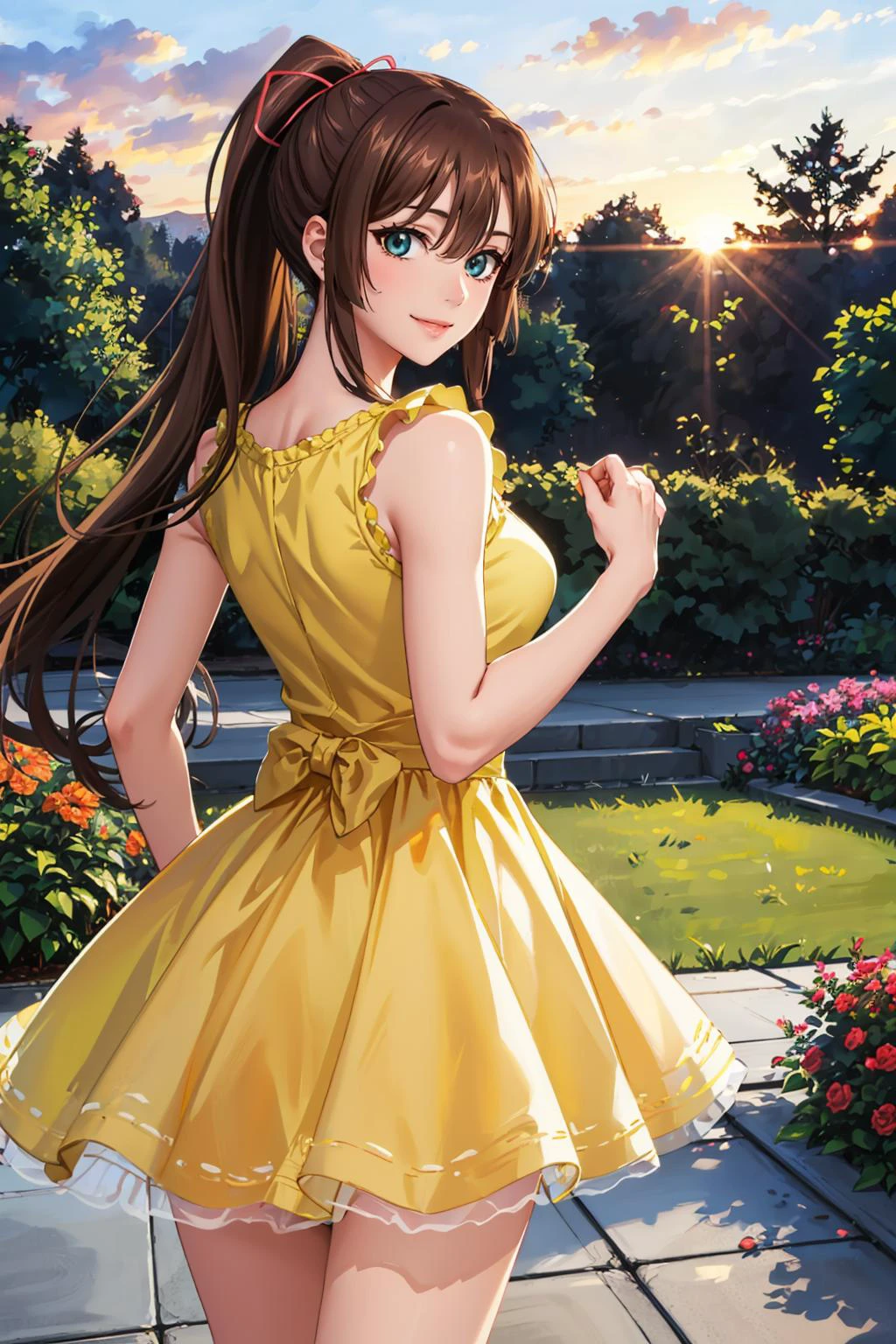 masterpiece, best quality, kirasaka sayaka, ponytail, hair ribbon, yellow sundress, from behind, garden, sunset, looking at viewer, smile edgYSD,woman wearing a yellow sundress