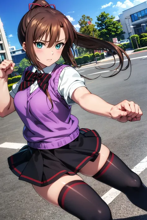 anime girl in a purple shirt and black skirt is running