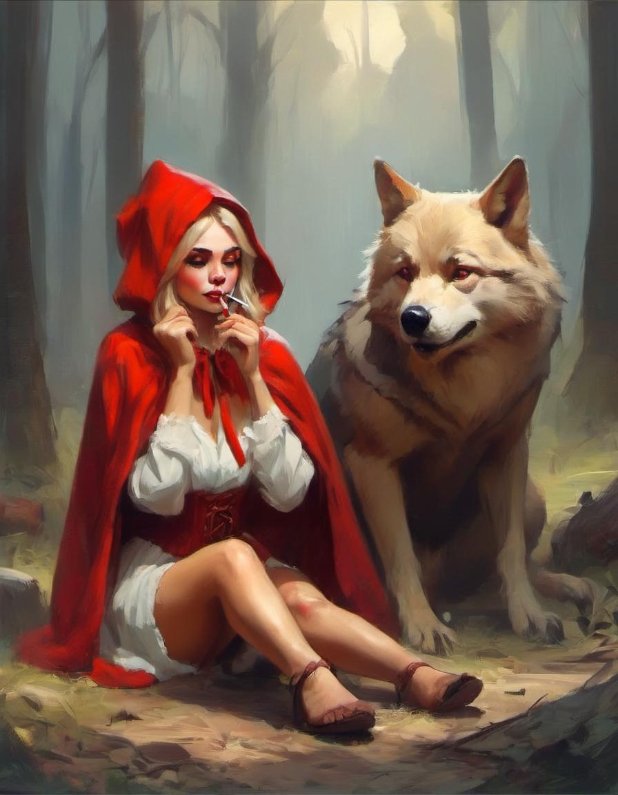 A girl in a red cloak holds a water glass，A wounded wolf，at a forest -  SeaArt AI