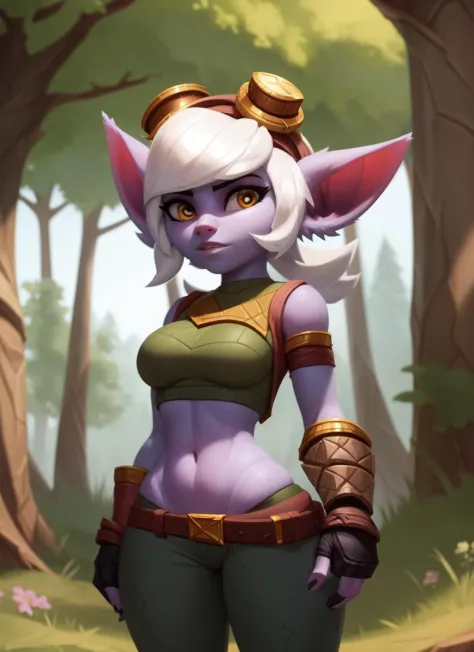 tristana, 1girl, standing, portrait, goggles, crop top, green pants, fingerless gloves, solo, (best quality), (outdoors league o...