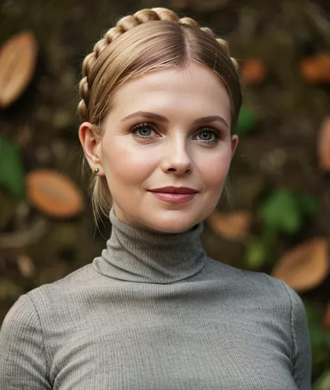 a close up of a woman with a braid in her hair