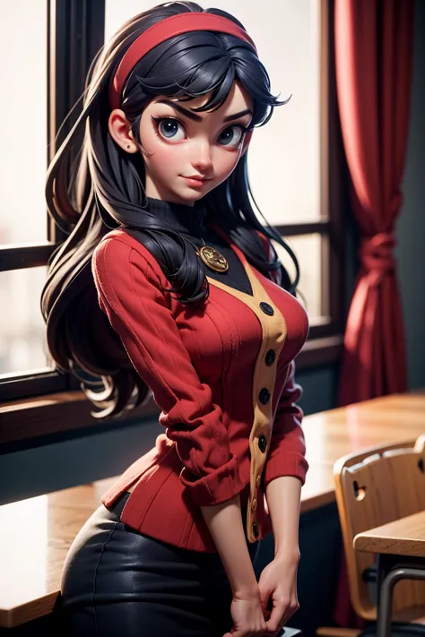 3dmm style, (masterpiece, best quality), intricate details, 1girl, solo,  amagi yukiko, looking at viewer,  classroom, red sweat...