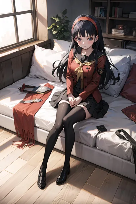 anime girl sitting on a bed with a book case and a purse