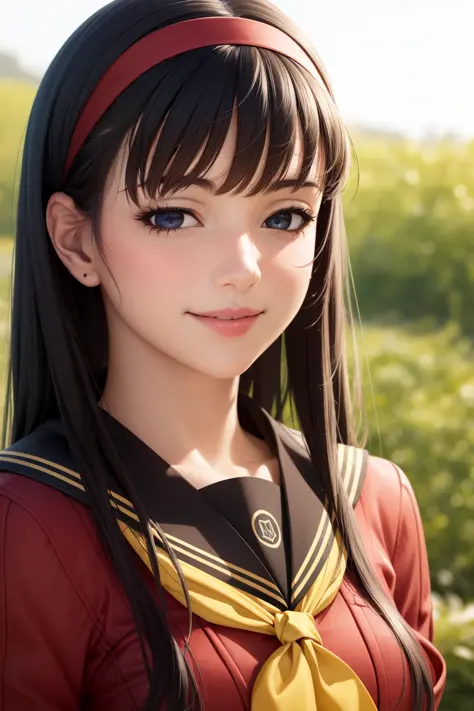 (realistic:1.5),1 girl,solo,yukiko,smile,school uniform,yellow neckerchief,    <lora:yukiko3:1>