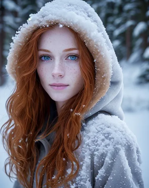 a close up of a woman with red hair wearing a hoodie