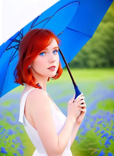 a woman  coming in the middle of blue flowers field, ((holding with yours hand a open  big  blue umbrella)) ,(wearing a white short dress , perfect face , perfect lips, perfect nose, perfect eyes , red hair, blue eyes, without accessories, (((low angle shot: 1.9 ))) , photorealistic