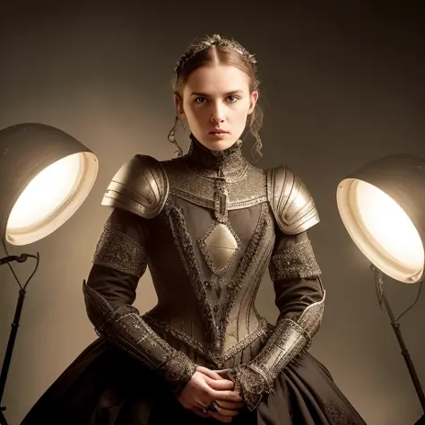 studio photo portrait of victorian woman wearing intricate medieval armour, studio lights, by vogue