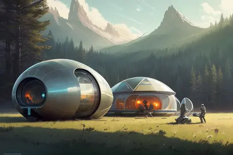 futuristic tent sci-fi retro pop up space pod, modular, mountainous forested wilderness open fields, beautiful views, joanna gai...