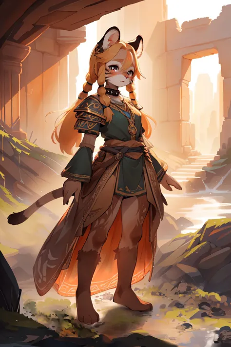 <lora:add_detail:0.6>, <lora:Furtastic_Detailer:0.5>,
 [wildlife|fashion] photography, masterpiece,
side view, slightly above, solo,
cute (female (anthro (wildcat))), detailed and extremely fluffy Orange body fur,
(thick thighs:0.3), glossy fur, detailed rendered eyes, cute-fine-face, small breasts, furry chest, furry crotch,
Chartreuse hair,
hair over eye, long hair with tow pigtails,
[midi-length dress featuring sweetheart neckline and flowy skirts|Artistic Bohemian, Eclectic, artistic, mismatched layered clothing, flowing fabrics, unique accessories],
detailed spiked dog collar,
Resolute Defensive Stance, Feet shoulder-width apart, body leaning forward, and shield raised, projecting a resolute and unyielding defensive posture,
Lustful,
uploaded on e621, by Beatrice Ethel Lithiby, by Youjomodoki, by Tofu Froth, (by manmosu marimo:0.5), (by dagasi:0.5), by Tarakanovich,
<lora:FurryCoreV2New:0.3>, furrycore,
zelda\(princess\), <lora:zelda_shorthair_v5:0.15>,
<lora:pastelMixStylizedAnime_pastelMixLoraVersion:0.5>,
golden hour, evening,
Crystal Cavern, Subterranean realms filled with luminous crystals, reflecting dazzling colors, intricate tunnels leading to hidden chambers, ruined ancient city ruins, overgrown stone walls, moss covered ruins,
A bridge with iron chains spanning a dark ravine,
Footprints forming intricate patterns in the wet sand near the water's edge,
hi res, 8k, cinematic lighting, stunningly beautiful, concept art, highly detailed, masterpiece, best quality, realistic, intricate, (high detail:1.4), film photography, sharp focus,