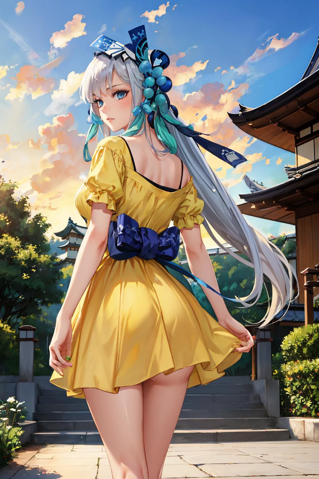 masterpiece, best quality, aoandon, hair ornament, blue lipstick, edgYSD, woman wearing a yellow sundress, (yellow sundress:1.3), from behind, garden, sky, clouds, sunset, japanese architecture