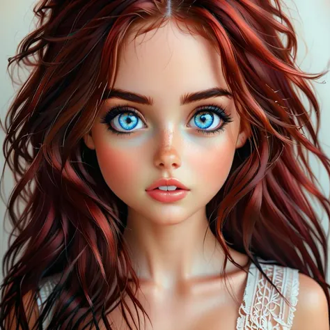 Hyperrealistic art cute girl with large iridescent bright blue eyes , intense gaze, toned torso and super thick dark black eyeli...