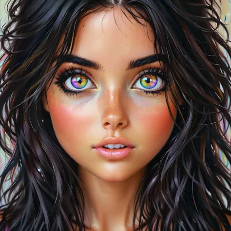 Hyperrealistic art cute girl with large iridescent bright colorful eyes , intense gaze, toned torso and super thick dark black e...