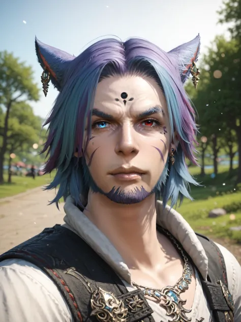 a close up of a person with blue hair and a cat ear