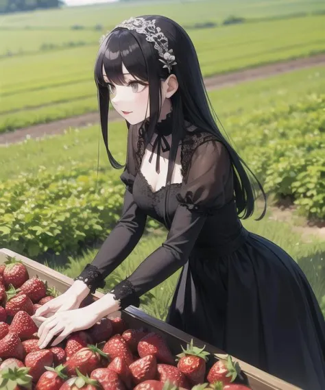 solo,Muchacha del vestido gótico recogiendo fresas en un campo de fresas