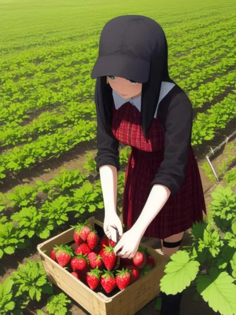 solo,Chica gótica recogiendo fresas en un campo de fresas