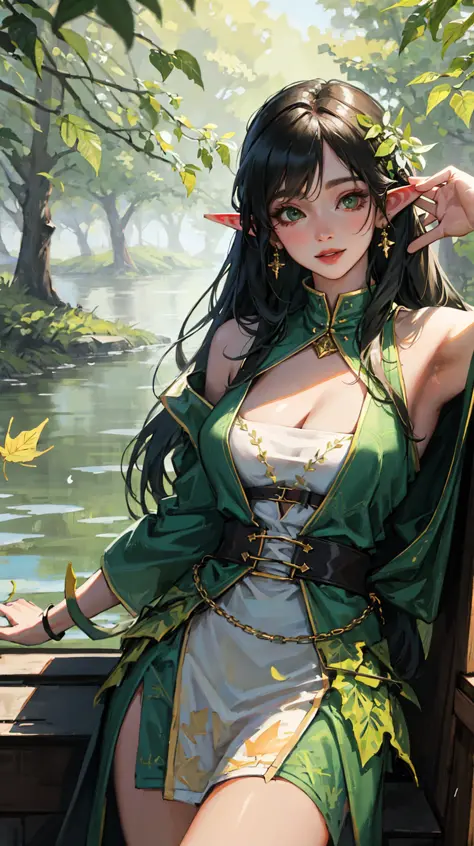 (masterpiece, best quality), gold details, elaborate features, (1girl, solo), (realistic textures), highres, (vibrant colors, dynamic lighting:1.0), medium breasts, cleavage, outdoors, trees, forest, vines, stream, water, lake, grass, (leaf dress:1.7, leaf patterns:1.4), green hair, seductive smile, dryad, elf, druid, <lora:adventurers_v1:.5>, (intricate details, extremely detailed, beautiful, masterpiece, 8k, absurdres, high res, bloom)