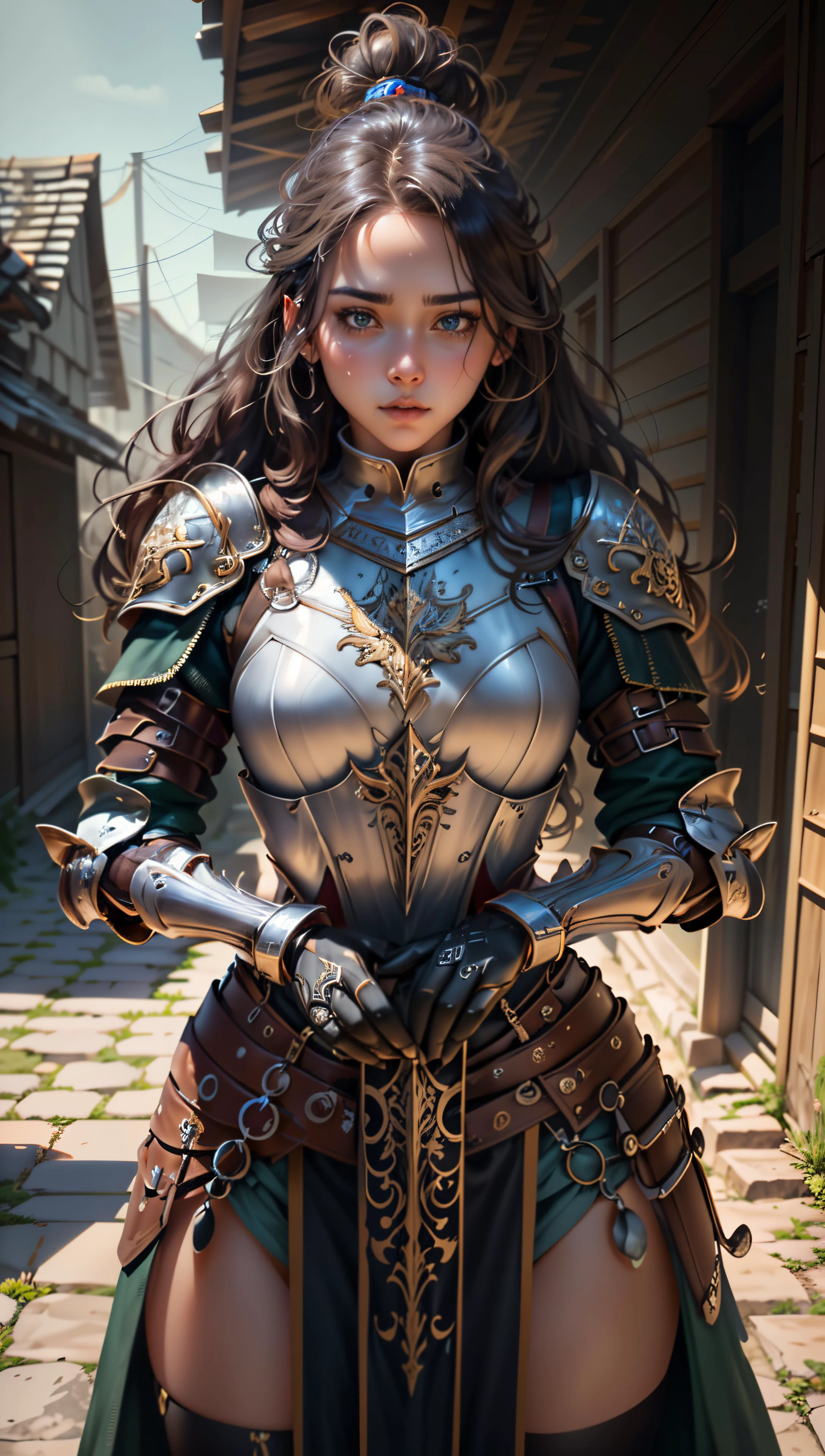 A woman in armor poses for a photo in a courtyard - SeaArt AI