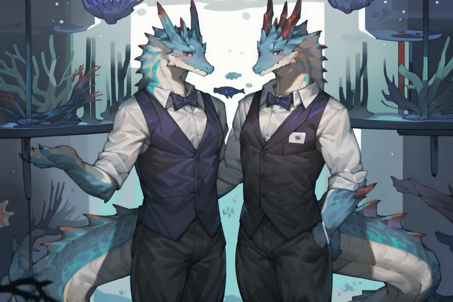 by kiyosan,by pgm300,(by bebebebebe:0.75),by milkytiger11145,
kemono,anthro,
male,
dragon,red eyes,blue body,blush,red horns,
looking at viewer,smile,
black shirt,bow tie,waiter,vest,black pant,
arms behind back,(aquarium:1.3),glass,
standing,