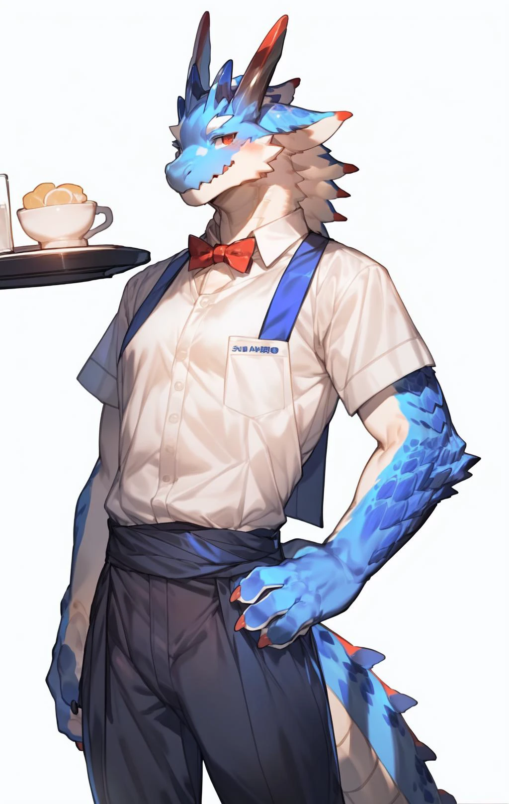 by kiyosan,por pgm300,(De bebebebebe:0.75),por milkytiger11145,
kemono,antro,
male,
dragon,cola,
cuerpo azul,
mirando al espectador,sonrisa,
Camisa blanca,corbata de moño,mesero,chaleco,
brazos detrás de la espalda,
de pie,