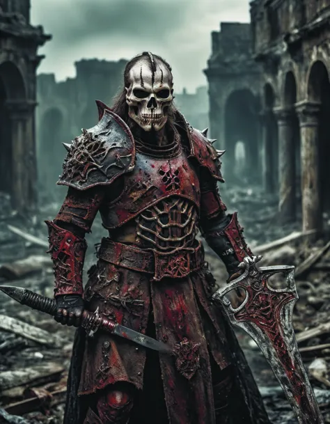 a male chaos warrior of khorne in armor is holding a great sword in a ruined post-apocalyptic city, sci-fi, fantasy, horror, sku...