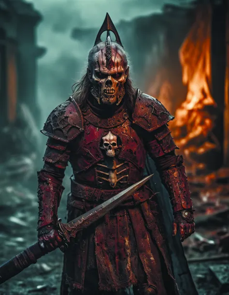 a male chaos warrior of khorne in armor is holding a great sword in a ruined post-apocalyptic darkness city at night, sci-fi, fantasy, horror, skulls on the ground, blood, Storm, (James Ensor, Unica Zurn, Zdzislaw Beksinki:1.3), Skeletons, Weeping statues, Paranormal, Apparition, (Metallics:1.1), (Shape:1.1), (Monotyping:1.1), (Strobe light:1.2), Stone, Rhombus, ultra detailed, intricate, oil on canvas, dry brush, (surrealism:1.1), (disturbing:1.1) cinematic, 35mm film, 35mm photography, film, photo realism, DSLR, 8k uhd, hdr, ultra-detailed, high quality, high contrast,